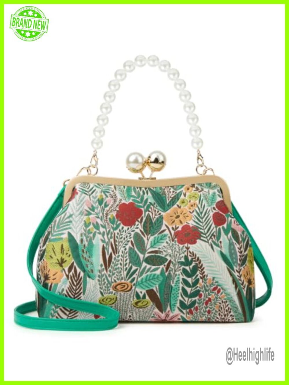 Embroidered Flower Handbag Pearl Chain Crossbody Bag Kiss Lock Clutch
